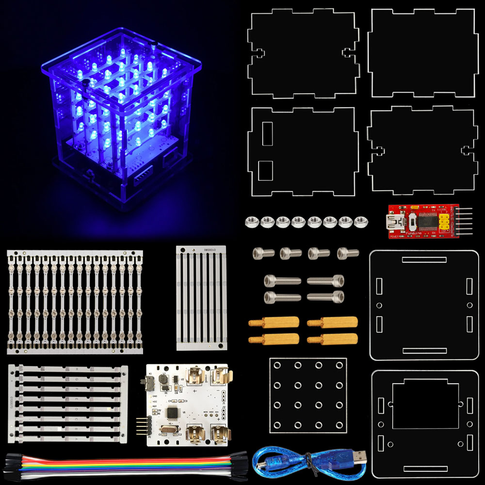 4x4x4 LED Cube Kit for Arduino Project with FTDI module+ User