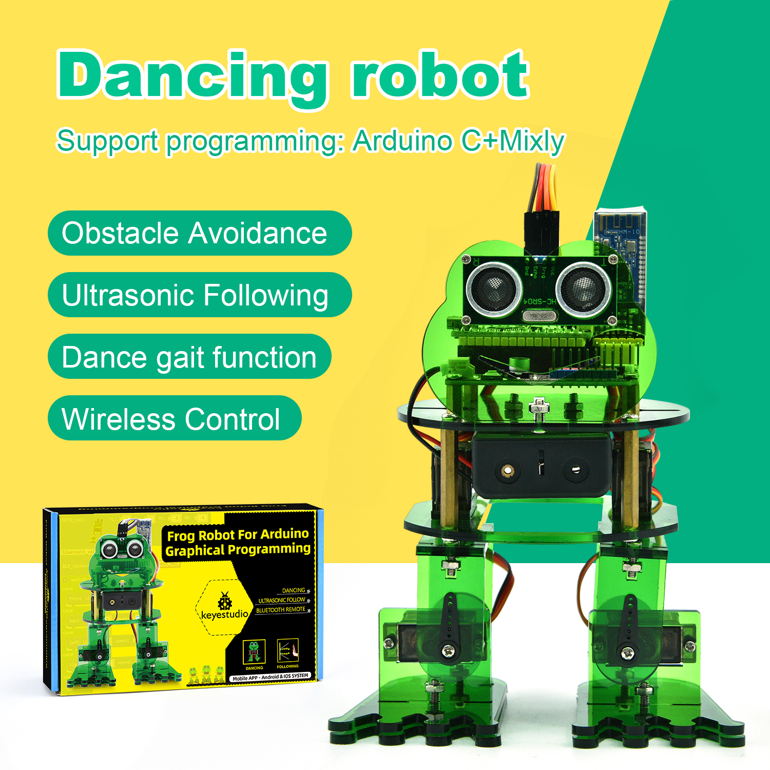 Keyestudio DIY 4-DOF Robot Kit Frog Robot Arduino Nano Graphical Programming/Support IOS &Android APP Control